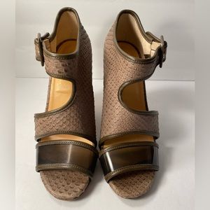 CLERGERIE Womens Brown Embossed Snake Print 1.5 Platfrom Padded Ankle Strap Woven Cyndras Open Toe Block Heel Buckle Leather Heeled main image 0